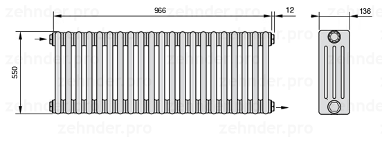 Схема (чертеж) Радиатор Zehnder Charleston 4055/21 №1670 Белый глянцевый RAL 9016